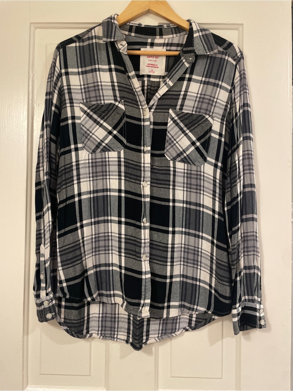 Black & Cream Plaid High-Low Button-Up Shirt